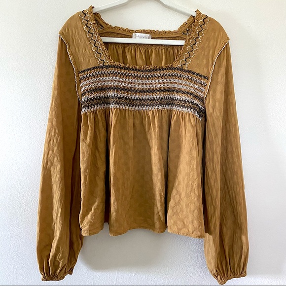 Altar'd State Tops - Altar’d State Mustard Boho Smocked Peasant Blouse